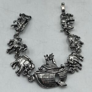 Vintage Antiqued Silver‎ Tone Noah's Ark Boat Animals Panel Bracelet